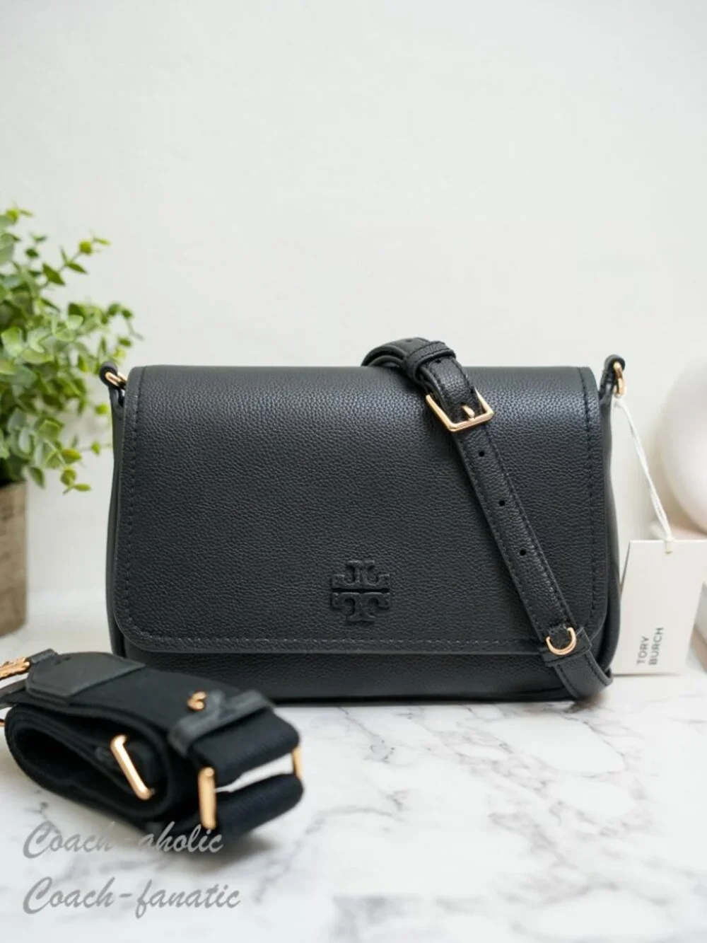 Tory Burch Thea Pebbled Leather Flap Crossbody Shoulder Bag in Black NWT
